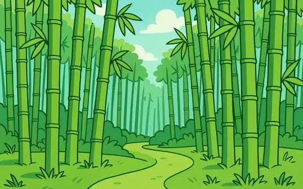 4K Ultra HD PC desktop wallpaper/background of a lush bamboo forest with a winding path, tall green stalks and a leafy canopy beneath a bright sky.