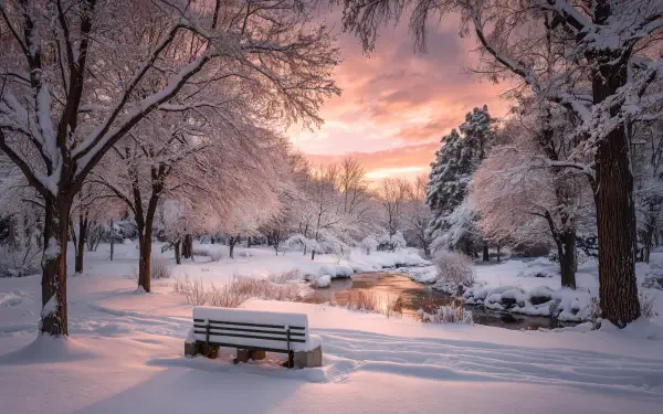 4K Ultra HD PC desktop wallpaper — winter serenity: snow-covered bench by a frozen stream, frosted trees and a pink sunrise reflecting on icy water.