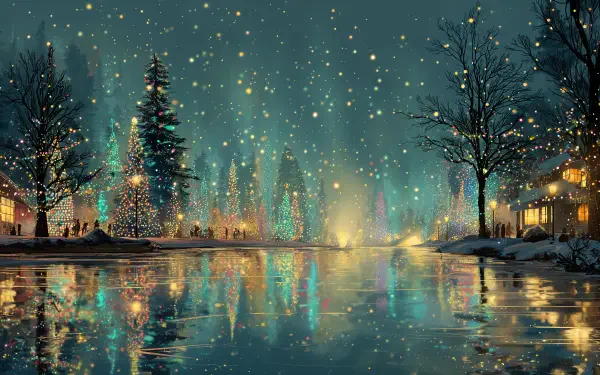 Christmas landscape 4K Ultra HD PC desktop wallpaper and background: snowy lakeside village at night with lit firs, twinkling lights and stars reflecting across a calm icy river.