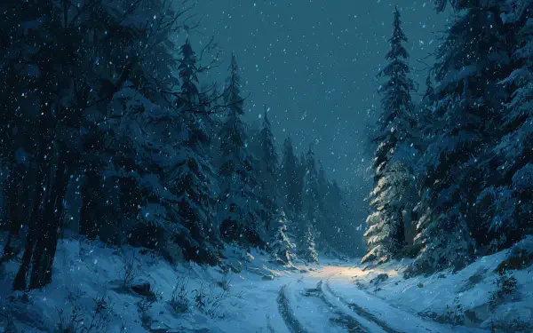 4K Ultra HD PC desktop wallpaper: a snowing winter night in a pine forest, tracks through the snow leading to a warm distant glow as flakes fall under moonlit trees.