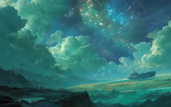 Space fantasy 4K Ultra HD PC desktop wallpaper and background: vast teal seascape beneath towering nebula clouds, glittering stars and a lone ship on the distant horizon.