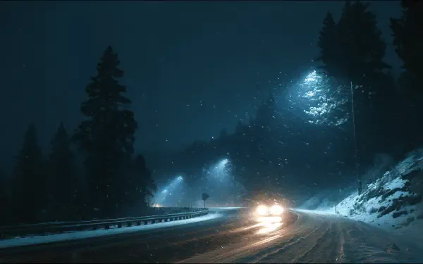 4K Ultra HD PC desktop wallpaper: snowy winter night on a winding road, car headlights cutting through falling snow beneath tall pines and glowing streetlights.