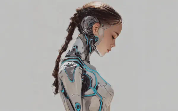 4K Ultra HD PC desktop wallpaper: profile of a sci‑fi girl with braided hair and exposed cybernetic neck and torso, blue circuit accents on a pale background.