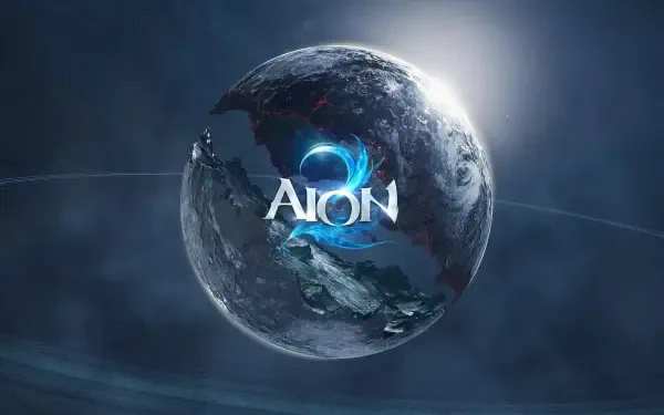 HD PC desktop wallpaper for the video game Aion 2: a glowing blue Aion 2 logo over a fractured, icy planet floating in dark space.