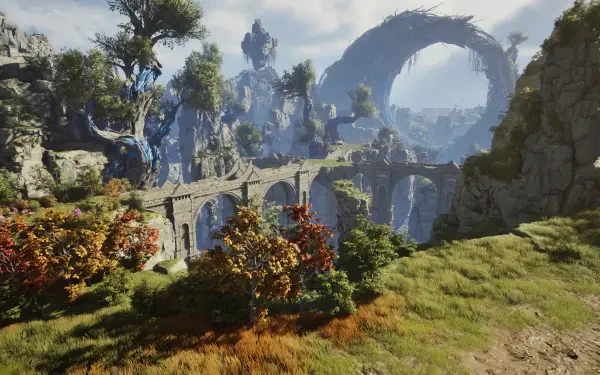 HD PC desktop wallpaper and background from the video game Aion 2: sunlit fantasy landscape with an ancient stone bridge, a massive ring arch, rocky cliffs, trees and grassy meadow.