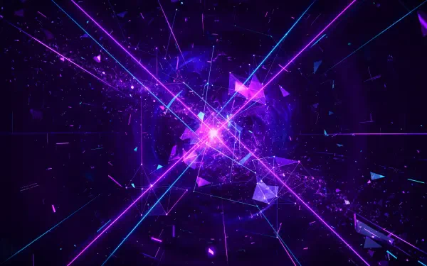 Abstract purple 4K Ultra HD PC desktop wallpaper showing a glowing fragmented nebula with intersecting magenta and cyan neon beams radiating from a shattered central core.