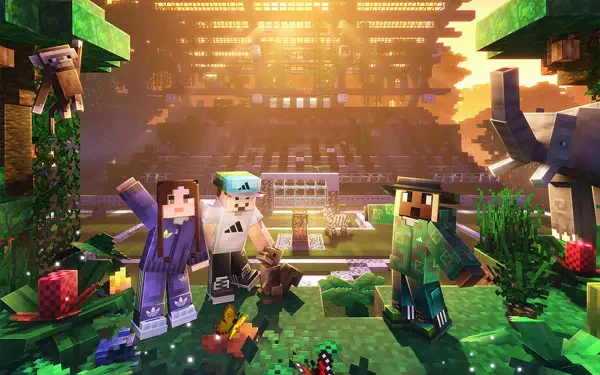 HD PC desktop wallpaper: Minecraft crossover with four blocky characters in Adidas-style outfits posing in a sunlit temple garden, vibrant colors and detailed foliage.