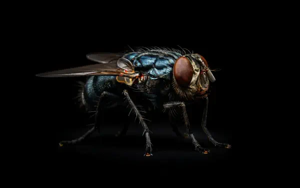 4K Ultra HD PC desktop wallpaper: macro close-up of a metallic blue fly on a black background, showcasing detailed compound eyes, iridescent thorax, and fine leg hairs.