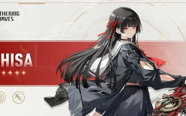 HD PC wallpaper of Chisa from the video game Wuthering Waves — dark-haired anime woman in a black outfit with red accents.