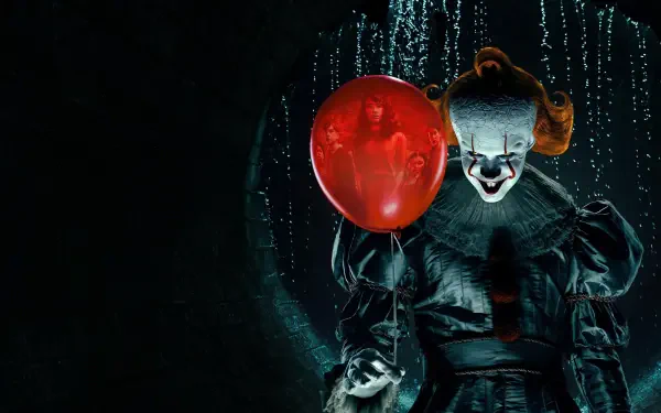 Menacing Pennywise clown from IT: Welcome to Derry (TV show) emerging in rain, holding a glowing red balloon — 4K Ultra HD PC desktop wallpaper/background.