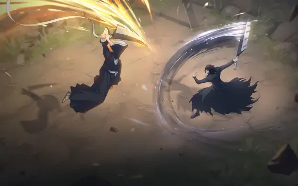 HD PC desktop wallpaper from mobile game Bleach: Soul Resonance showing two black‑robed swordfighters clashing midair — one unleashing golden energy, the other cutting a shadowy blade arc.