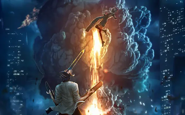 Chainsaw Man 5K Ultra HD PC desktop wallpaper and background: chainsaw-headed figure launched skyward by a fiery blast above a neon-lit city, surrounded by billowing smoke and glowing embers.