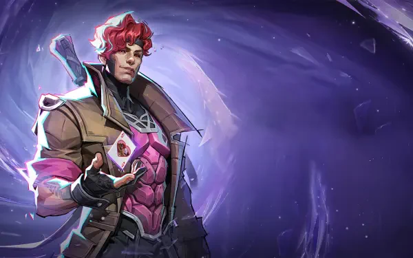 4K Ultra HD PC desktop wallpaper and background for the video game Marvel Rivals: Gambit stands before a swirling purple vortex confronting Ultron in stylized superhero art.