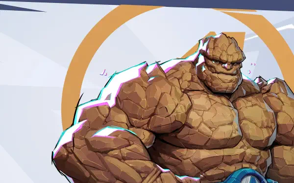 Thing (Marvel Comics) from Marvel Rivals: rocky, muscular hero against a stylized white backdrop with a golden ring — 4K Ultra HD PC desktop wallpaper.