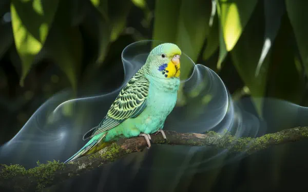 Turquoise and yellow parakeet perched on a mossy branch with soft light swirls and leafy bokeh — 4K Ultra HD PC desktop wallpaper/background.