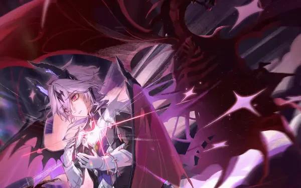 HD PC wallpaper of Durin from the video game Genshin Impact — a winged figure in a swirling red-purple aura, glowing eyes and drifting feathers.