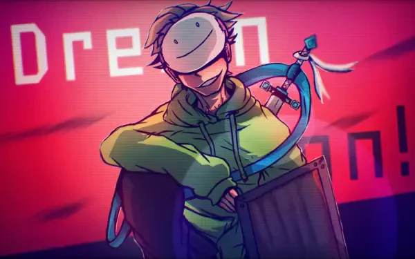 HD PC wallpaper of a cartoon Minecraft YouTuber character in a green hoodie and white smiley mask, holding a ribboned curved blade and wooden shield against a vivid red backdrop.