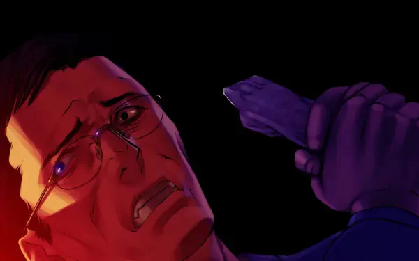 HD PC desktop wallpaper from the video game The Song of Saya — close-up of a terrified bespectacled man in red light, a gloved hand holding a small object near him.