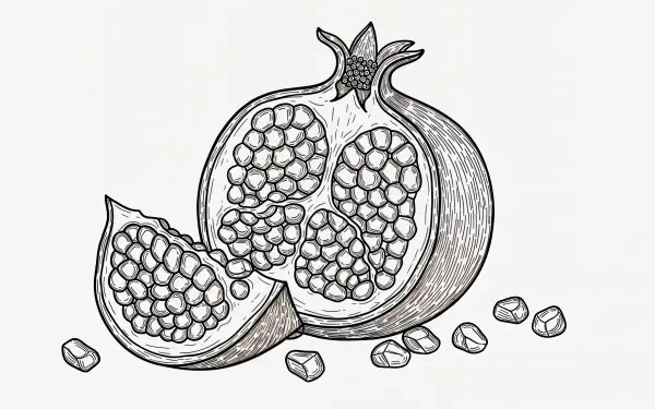 Monochrome line art of a pomegranate—whole, a sliced wedge, and scattered seeds. 4K Ultra HD PC desktop wallpaper and background.