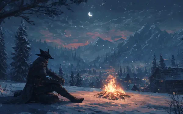 Bloodborne Christmas gaming 2K Quad HD PC desktop wallpaper: lone hunter beside a bonfire in a snowy night landscape, village lights and distant mountains.