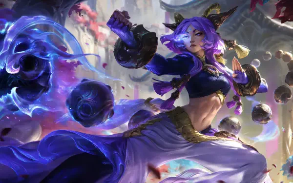8K Ultra HD PC desktop wallpaper of Yunara (League of Legends), a video game character — purple-haired champion in flowing robes, casting swirling dark energy orbs in a dynamic battle pose.
