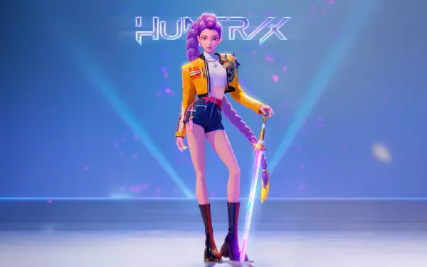 KPop Demon Hunters 5K Ultra HD PC desktop wallpaper/background: stylized K-pop demon hunter with purple braid, yellow jacket and glowing sword on a neon-lit stage.