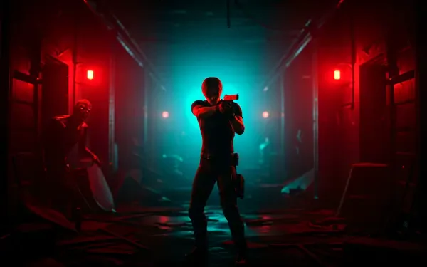 Resident Evil 4K Ultra HD PC desktop wallpaper and background: silhouetted armed figure in a dim, red-and-teal-lit corridor, eerie zombie shapes emerging from the shadows.