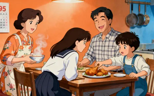 4K Ultra HD PC Desktop Wallpaper and Background: warm family gathering in a cozy kitchen, parents and children smiling as they share steaming roast at a wooden table.