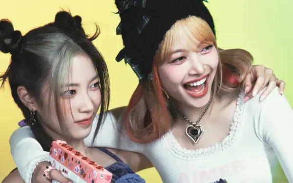 Two smiling South Korean K-pop idols in playful outfits and accessories, laughing close-up against a soft yellow backdrop — 4K PC desktop wallpaper.