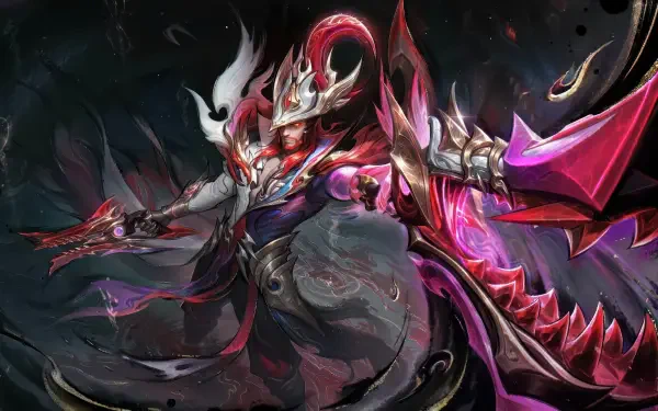 4K Ultra HD PC desktop wallpaper: a fantasy character from the mobile game Mobile Legends: Bang Bang — armored, horned warrior in a dark swirling cloak wielding a glowing magenta blade.