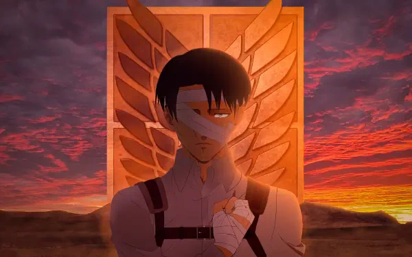 Levi Ackerman standing before the Scout Regiment emblem at sunset, dramatic 2K Quad HD PC desktop wallpaper and background.