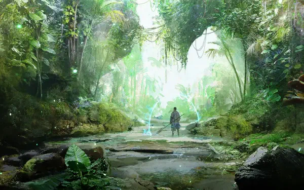 HD PC wallpaper from Ashes of Creation: lone figure in a lush jungle clearing faces a glowing magic barrier amid mist and towering foliage.