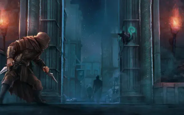 5K Ultra HD PC desktop wallpaper/background — Ashes of Creation video game thief: hooded rogue in a stealth RPG scene, dagger drawn, slipping through a torchlit city alley.