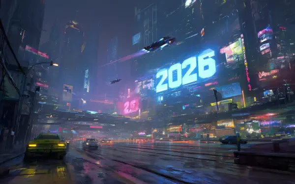 2K Quad HD PC desktop wallpaper: cyberpunk futuristic city, 2026 — neon-lit skyscrapers, wet streets, street-level traffic and flying cars streaking through the night.