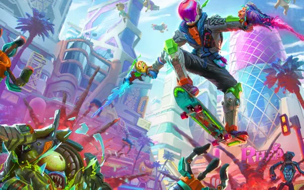 High On Life 2 video game 2K Quad HD PC desktop wallpaper of a neon sci‑fi city with a skateboarder mid‑air over aliens, palm trees and futuristic buildings