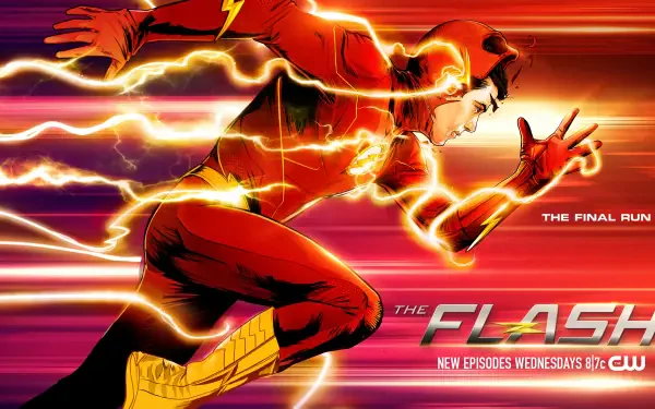 HD PC desktop wallpaper/background of The Flash (2014 TV show): red‑suited speedster racing with yellow lightning streaks across a motion‑blurred red backdrop.