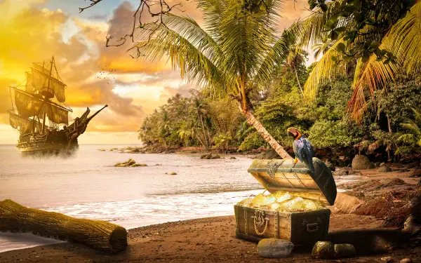 Adventure 4K Ultra HD PC desktop wallpaper and background: tropical sunset beach with an open treasure chest, parrot perched atop, leaning palms and a sailing ship near the shore.