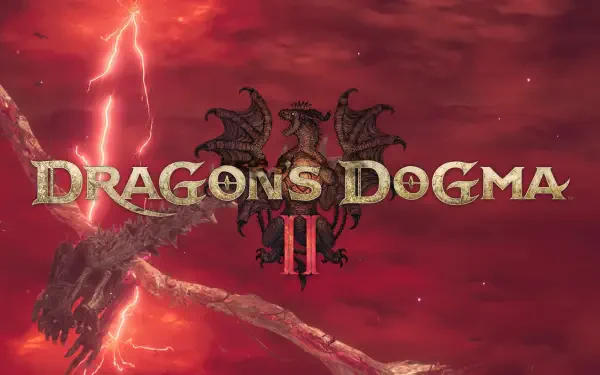 HD PC desktop wallpaper/background for the video game Dragon's Dogma 2: gold logo over a crimson storm sky with a two-headed dragon silhouette and streaks of lightning.