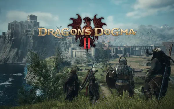 Dragon's Dogma 2 PC wallpaper (2K Quad HD): three armored adventurers gaze at a coastal fortress, Capcom RPG title displayed.