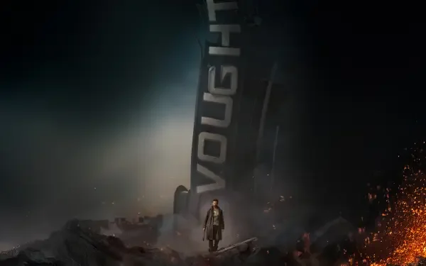 The Boys (2019) — 4K Ultra HD PC desktop background: lone figure walks amid rubble toward a towering Vought banner, smoke and fires casting an ominous glow.