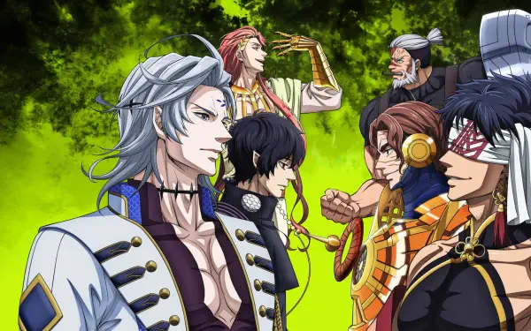 Record of Ragnarok HD PC desktop wallpaper and background: anime fighters confront each other before a vivid green smoky sky, bold colors and detailed costumes.