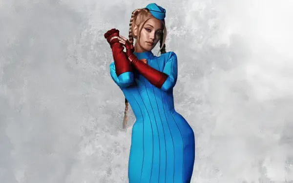 Street Fighter (2026) character in a fitted blue dress with red gloves and a small hat, braided hair, posed against a textured gray backdrop — 5K Ultra HD PC desktop wallpaper.