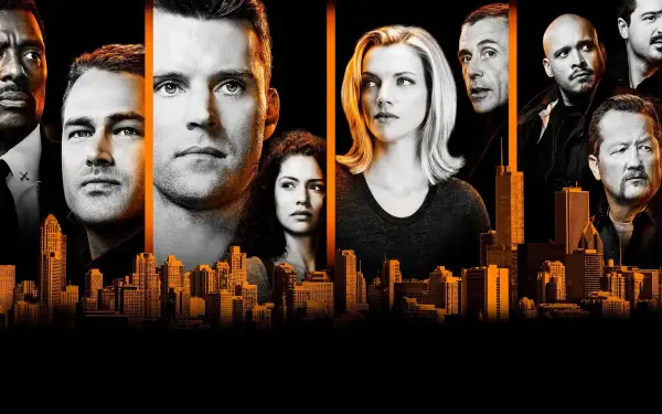 Chicago Fire cast montage over an orange-lit Chicago skyline with vertical panels and a dark backdrop — 4K Ultra HD PC desktop wallpaper/background.
