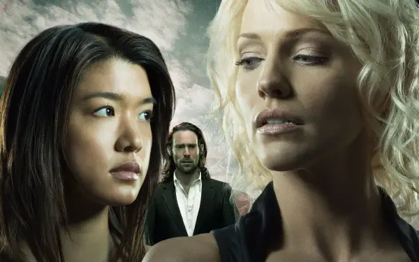 Hawaii Five-0 4K Ultra HD PC desktop wallpaper: two women in the foreground and a man behind, faces serious against a dramatic cloudy sky.