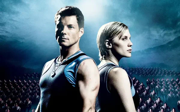 Battlestar Galactica (2003) 2K Quad HD PC wallpaper: two uniformed officers stand back-to-back with a massed crew and fleet behind them beneath a dramatic, stormy sky.