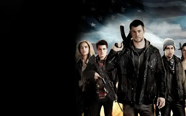 HD PC desktop wallpaper for Red Dawn (2012): a group of armed young adults in rugged jackets stand against a stormy, flag-tinted sky, a man front and center holding a rifle.