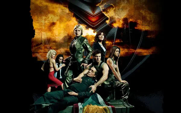 Battlestar Galactica (2003) 4K Ultra HD PC desktop wallpaper: ensemble of costumed crew members posed against a fiery sky with a looming spacecraft silhouette.