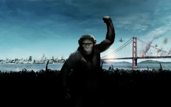 Rise of the Planet of the Apes 4K Ultra HD PC desktop wallpaper: a powerful ape raises its fist before the Golden Gate Bridge, silhouetted crowd and city skyline under a dramatic sky.