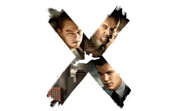 The Departed 4K Ultra HD PC desktop wallpaper and background: a distressed X-shaped cutout filled with four men's faces and a city skyline on a stark white field.