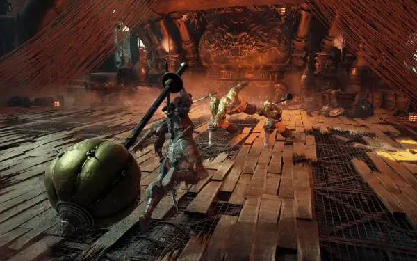 Phantom Blade Zero HD PC desktop wallpaper: armored swordsman fights glowing, lanky foes on a shattered wooden deck inside a dim, lantern-lit chamber with sparks and scattered debris.